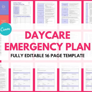 Pode incluir: Um gráfico rosa e branco com o texto "Plano de Emergência da Creche" em letras brancas grandes e em negrito. O texto "Modelo de 16 páginas totalmente editável" está abaixo em letras brancas menores. O gráfico é rodeado por uma borda rosa.