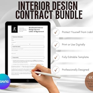 Könnte beinhalten: Ein digitales Tablet zeigt eine Innenarchitektur-Vertragsvorlage. Der Text "INTERIOR DESIGN CONTRACT BUNDLE" steht oben. Zu den Funktionen gehören "Schützen Sie sich vor Haftung" und "Vollständig bearbeitbare Vorlage". Ein Bonus-Minikurs ist ebenfalls enthalten.