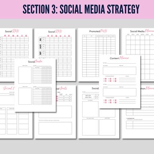 May include: A collection of white planner pages with pink accents, featuring titles like "Social Stats," "Promoted Posts," and "Content Planner." The top banner reads "SECTION 3: SOCIAL MEDIA STRATEGY."