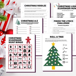 May include: A set of printable Christmas games and activities. The games include Christmas riddles, a Christmas A-Z, a Christmas scavenger hunt bingo, a Christmas light scavenger hunt, a finish the lyrics challenge, and a roll a tree game.