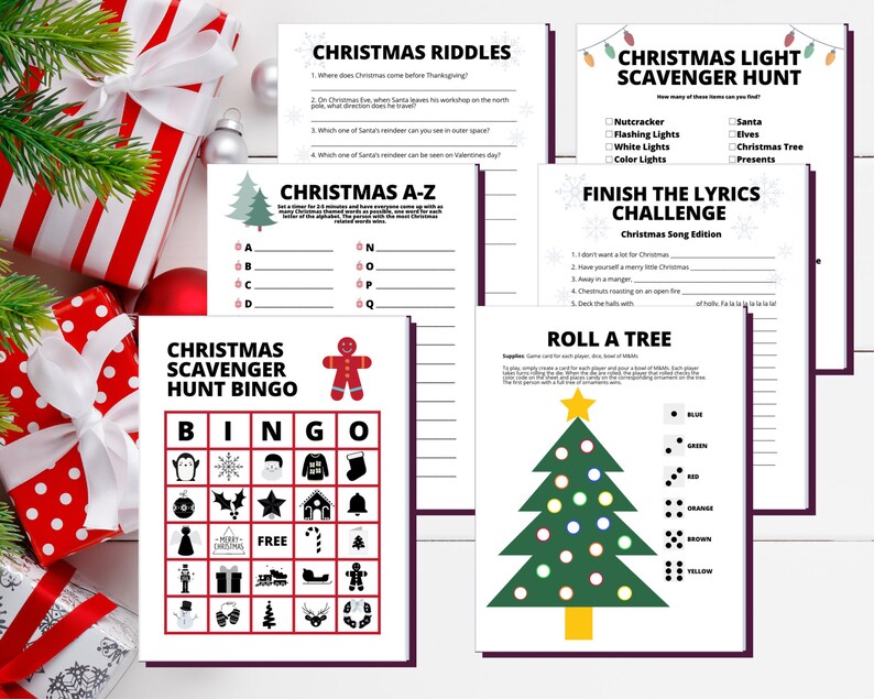 May include: A set of printable Christmas games and activities. The games include Christmas riddles, a Christmas A-Z, a Christmas scavenger hunt bingo, a Christmas light scavenger hunt, a finish the lyrics challenge, and a roll a tree game.