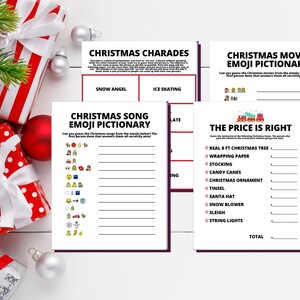 May include: Four printable Christmas game cards with instructions and emoji icons. The games are Christmas Charades, Christmas Movie Emoji Pictionary, Christmas Song Emoji Pictionary, and The Price is Right.