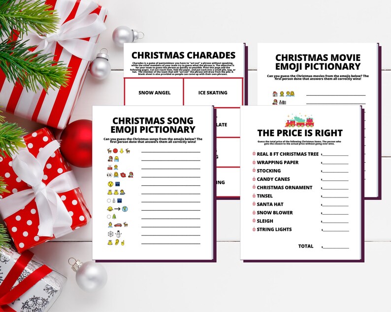 May include: Four printable Christmas game cards with instructions and emoji icons. The games are Christmas Charades, Christmas Movie Emoji Pictionary, Christmas Song Emoji Pictionary, and The Price is Right.
