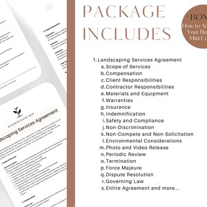Op de afbeelding: Een wit document met de titel "Landscaping Services Agreement" dat de voorwaarden van een landschapscontract uiteenzet. Het document bevat secties over de omvang van de diensten, de vergoeding, de verantwoordelijkheden van de klant en meer. Het document maakt deel uit van een pakket dat ook een bonus-minicursus bevat over het adverteren van uw bedrijf.