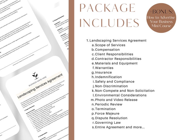 Op de afbeelding: Een wit document met de titel "Landscaping Services Agreement" dat de voorwaarden van een landschapscontract uiteenzet. Het document bevat secties over de omvang van de diensten, de vergoeding, de verantwoordelijkheden van de klant en meer. Het document maakt deel uit van een pakket dat ook een bonus-minicursus bevat over het adverteren van uw bedrijf.