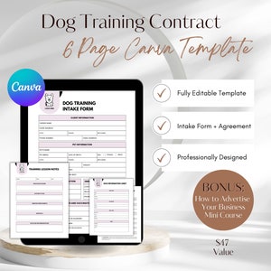 Editable Dog Training Contract, Service Dog Training Contract, Dog Training Log, Pet Business Agreement Template, Pet Business Template