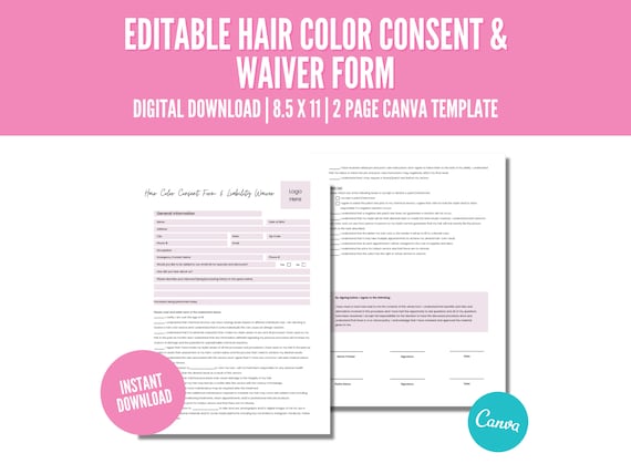 Hair Stylist Consultation Forms, Hair Color Waiver Form, Printable and Editable Template