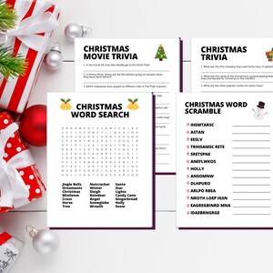 May include: A set of printable Christmas games, including a word search, word scramble, and movie trivia. The games are printed on white paper with black text and illustrations.