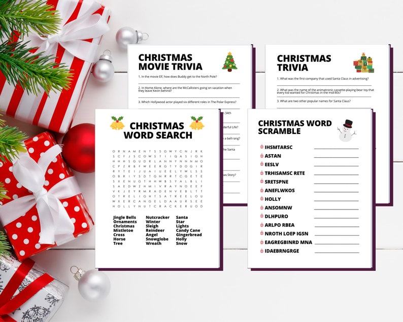 May include: A set of printable Christmas games, including a word search, word scramble, and movie trivia. The games are printed on white paper with black text and illustrations.