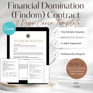 以下が含まれることがあります： デジタルタブレットには、「Financial Domination (Findom) Contract」のテンプレートが表示されています。画像は、完全に編集可能なテンプレート、詳細な合意、専門的なデザインなどの機能を強調しています。広告に関するボーナスのミニコースも含まれています。