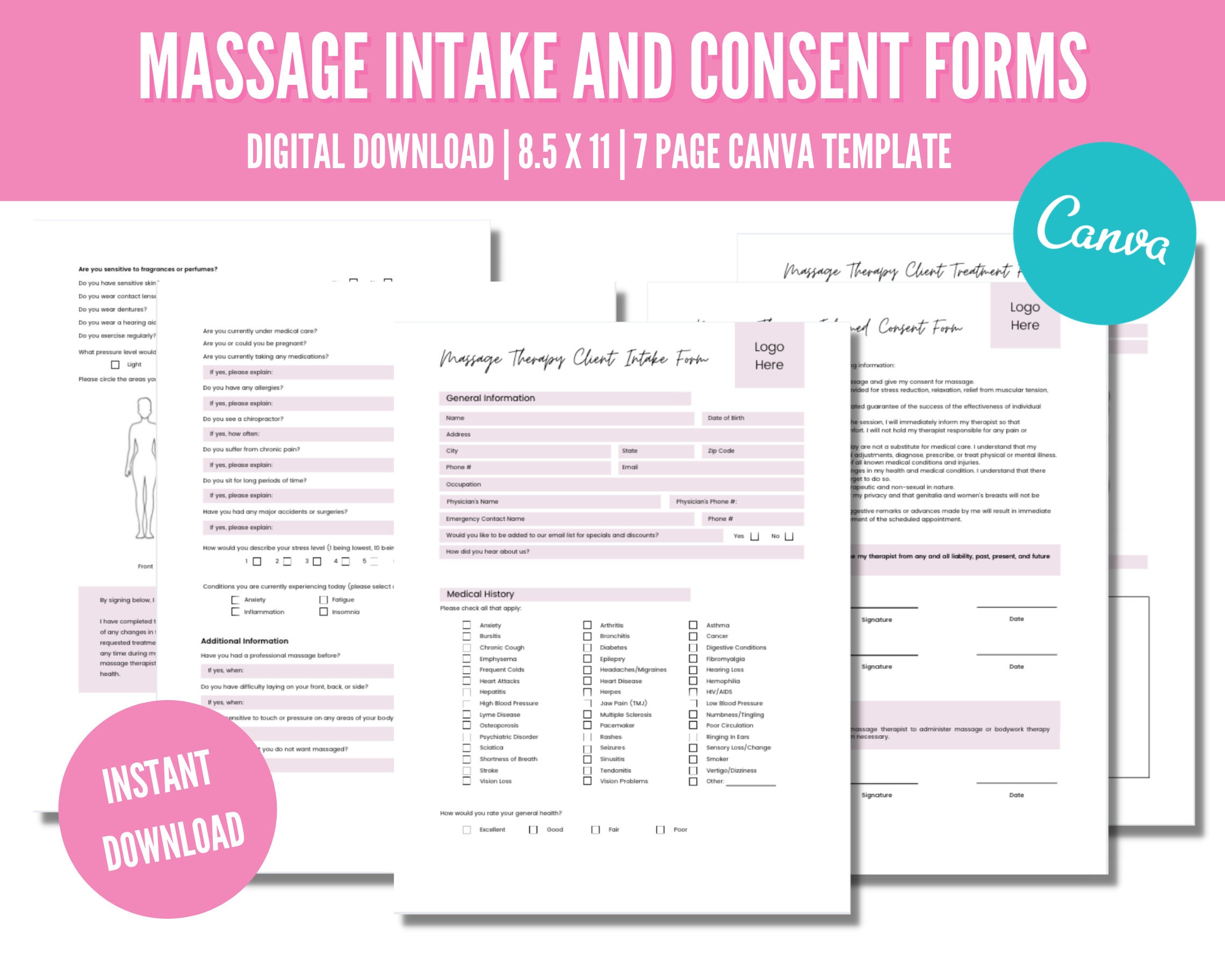 Editable Massage Intake Form Massage Consent Form Massage Etsy