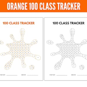 Puede incluir: Dos hojas imprimibles de seguimiento de clase de 100. La primera hoja tiene un diseño de salpicadura naranja con los números del 1 al 100 en los cuadrados. La segunda hoja tiene un diseño de salpicadura negro con los números del 1 al 100 en los cuadrados. Ambas hojas tienen "100 Class Tracker" y "Start Date" y "End Date" en la parte superior.