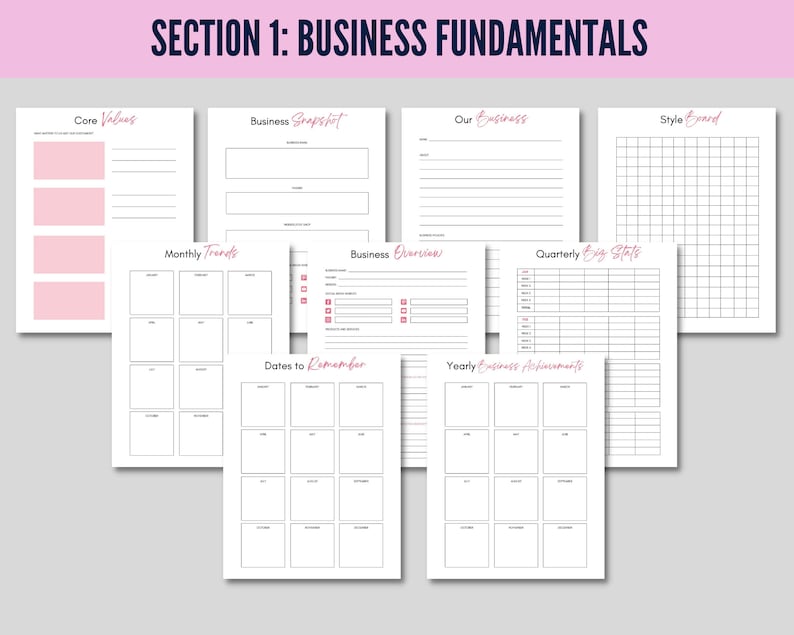 May include: A collection of white planner pages with pink accents, featuring sections for business fundamentals. Titles include "Core Values," "Business Snapshot," "Our Business," "Style Board," "Monthly Trends," "Business Overview," "Quarterly Big Stats," "Dates to Remember," and "Yearly Business Achievements."