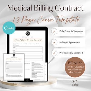 Puede incluir: Una maqueta digital de una plantilla Canva de 13 páginas para un contrato de facturación médica. La plantilla es totalmente editable, incluye un acuerdo en profundidad y está diseñada profesionalmente. También se incluye un minicurso adicional sobre cómo anunciar tu negocio. La plantilla tiene un valor de 47 €.