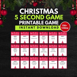 Puede incluir: Un juego de Navidad imprimible con más de 120 cartas. Cada carta tiene un fondo rojo con un icono de árbol de Navidad blanco y el texto "Christmas 5-Second Game". Las cartas presentan varias preguntas sobre el tema de la Navidad para un juego divertido.