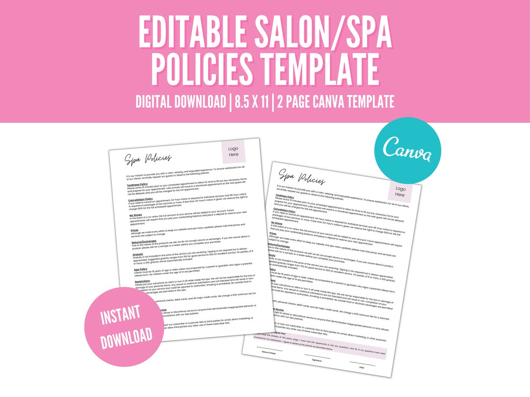 Spa Cancellation Policy Template, Editable Spa Policy Template, Spa