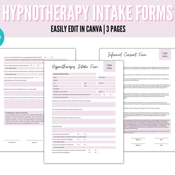 Hypnotherapy Intake Form, Hypnotherapy Consent Form, Hypnosis Consent Form, Hypnosis Intake Form