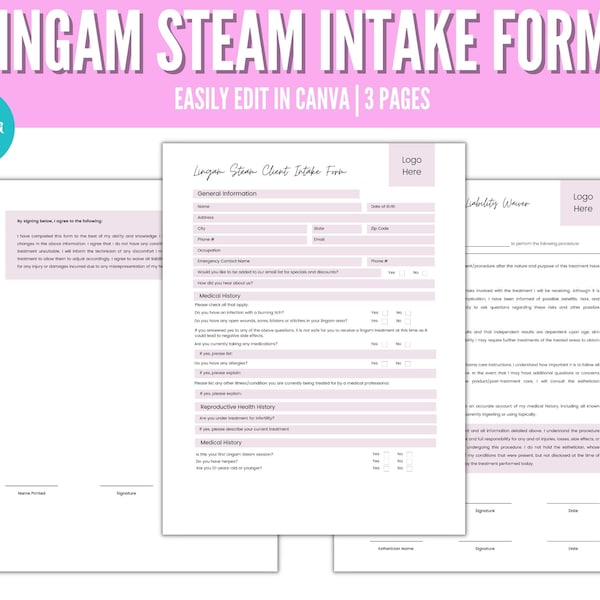 Lingam Steam Client Intake Form, Esthetician Consent Form, Esthetician Intake Form