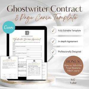 Könnte beinhalten: Ein digitales Mockup einer 8-seitigen Canva-Vorlage für einen Ghostwriter-Vertrag. Die Vorlage ist vollständig editierbar, enthält eine detaillierte Vereinbarung und ist professionell gestaltet. Das Bild enthält auch einen Bonus-Minikurs zum Thema Werbung für Ihr Unternehmen.