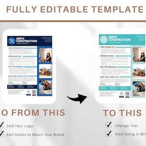 K&ouml;nnte beinhalten: Ein Vorher-Nachher-Bild, das zeigt, wie man eine Marketingbrosch&uuml;re eines Bauunternehmens anpassen kann. Die urspr&uuml;ngliche Brosch&uuml;re hat ein blaues und wei&szlig;es Farbschema mit einem Logo aus Hammer und Schraubenschl&uuml;ssel. Die angepasste Brosch&uuml;re hat ein blaugr&uuml;nes und wei&szlig;es Farbschema mit einem Logo aus einem Kreis mit Hammer und Schraubenschl&uuml;ssel darin. Der Text auf der Brosch&uuml;re lautet "Smith Construction". Der Text unter dem Bild lautet "Von diesem zu diesem gehen" mit Kontrollk&auml;stchen f&uuml;r "Logo hinzuf&uuml;gen", "Farben an Ihre Marke anpassen", "Text &auml;ndern" und "In Minuten starten".
