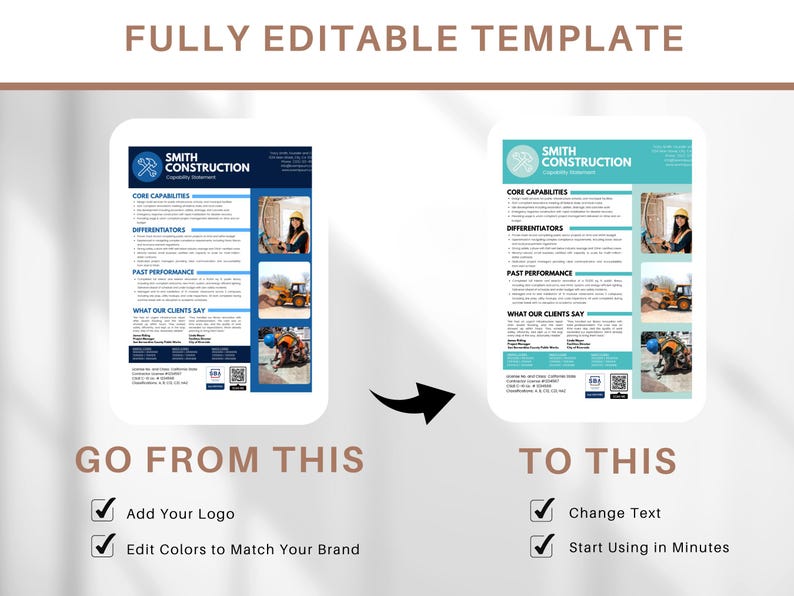 K&ouml;nnte beinhalten: Ein Vorher-Nachher-Bild, das zeigt, wie man eine Marketingbrosch&uuml;re eines Bauunternehmens anpassen kann. Die urspr&uuml;ngliche Brosch&uuml;re hat ein blaues und wei&szlig;es Farbschema mit einem Logo aus Hammer und Schraubenschl&uuml;ssel. Die angepasste Brosch&uuml;re hat ein blaugr&uuml;nes und wei&szlig;es Farbschema mit einem Logo aus einem Kreis mit Hammer und Schraubenschl&uuml;ssel darin. Der Text auf der Brosch&uuml;re lautet "Smith Construction". Der Text unter dem Bild lautet "Von diesem zu diesem gehen" mit Kontrollk&auml;stchen f&uuml;r "Logo hinzuf&uuml;gen", "Farben an Ihre Marke anpassen", "Text &auml;ndern" und "In Minuten starten".