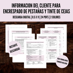 May include: A set of printable forms for eyelash extensions and eyebrow tinting services. The forms are in Spanish and include information for the client, consent forms, and a price list. The forms are available for instant download in 8.5 x 11 inch format and include 24 PDFs in two colors.