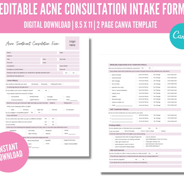 Acne Treatment Form, Esthetician Consultation Form, Facial Intake Form, Medspa Form