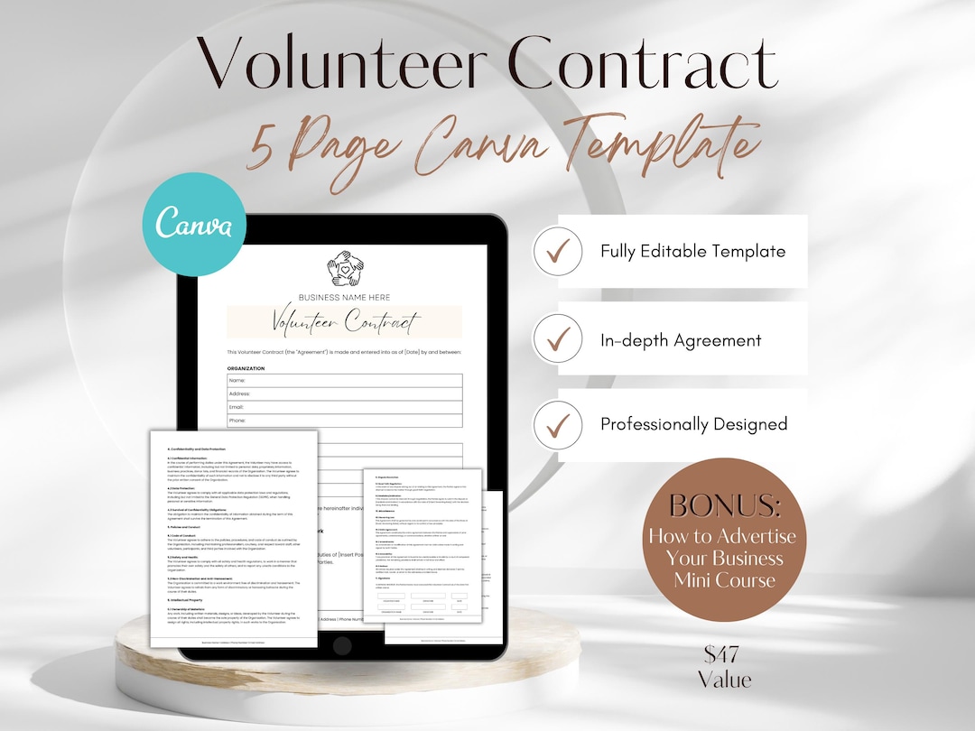 Voluntary Contract Volunteer Contract Template: Editable Canva Agreement (digital Download ...