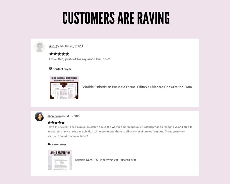 K&ouml;nnte beinhalten: Eine hellrosa Grafik mit dem Text "CUSTOMERS ARE RAVING" in Schwarz. Darunter Kundenbewertungen mit F&uuml;nf-Sterne-Bewertungen. Das Bild enth&auml;lt Beispiele f&uuml;r "Bearbeitbare Kosmetikstudio-Formulare" und ein "COVID-19 Haftungsausschlussformular".
