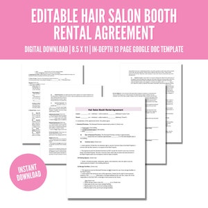 May include: Editable Hair Salon Booth Rental Agreement digital download. This 13-page Google Doc template is 8.5 x 11 inches.