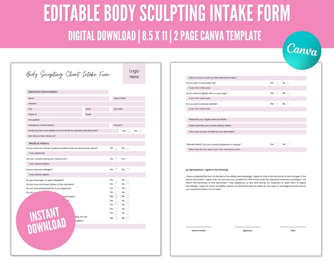 Editable Body Sculpting Intake Form Body Contouring Intake Etsy