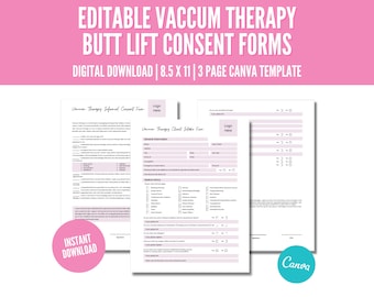 Editable Vacuum Therapy Consent Form, Butt Lift Intake Form, Esthetician Business