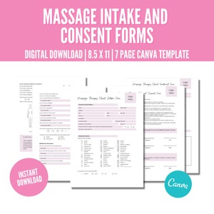 Könnte beinhalten: Ein digitaler Download von sieben druckbaren Massage-Aufnahme- und Einverständniserklärungen in einer Canva-Vorlage. Die Formulare sind für die Verwendung durch Massagetherapeuten konzipiert und beinhalten Abschnitte für Kundeninformationen, Krankengeschichte, Einverständniserklärung und Behandlungsplan. Die Formulare sind 8,5 x 11 Zoll groß.