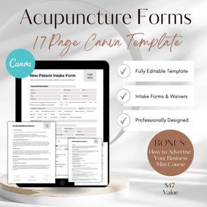 May include: A Canva template for acupuncture forms, featuring a new patient intake form and waivers. The template is fully editable, professionally designed, and includes a bonus mini course on how to advertise your business. The template is valued at £47.
