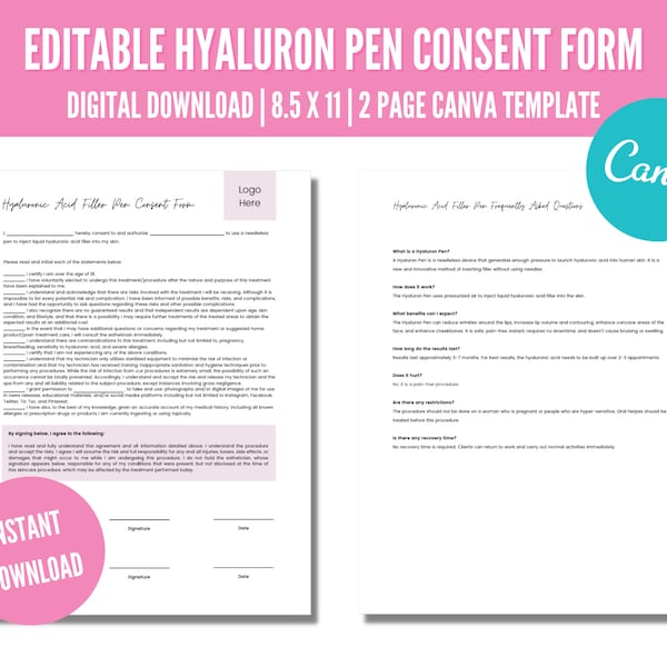 Editable Hyaluron Pen Consent Form, Hyaluronic Acid Pen Consent Form, Esthetician Business Forms