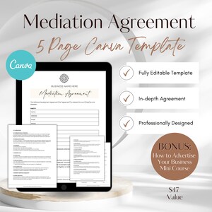 Könnte beinhalten: Ein digitales Mockup einer 5-seitigen Canva-Vorlage für eine Mediationsvereinbarung. Die Vorlage ist vollständig editierbar, umfassend und professionell gestaltet. Sie beinhaltet einen Bonus-Minikurs zum Thema Werbung für Ihr Unternehmen. Die Vorlage wird auf einem Tablet mit weißem Hintergrund angezeigt.