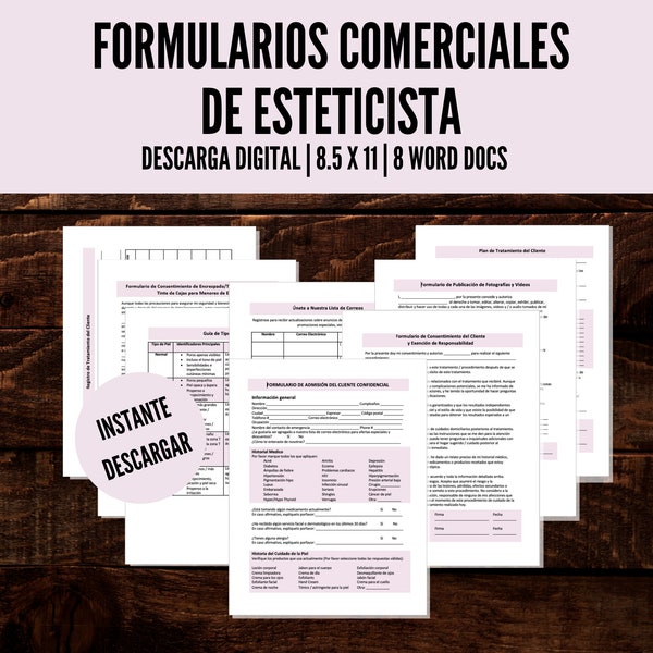 Spanish (ESPAÑOL) Formularios Comerciales de Esteticista, Estetician Business Forms en español