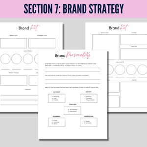 May include: Three white sheets of paper with the title "Brand Kit" and the text "Section 7: Brand Strategy" in pink and purple. The sheets contain sections for logo, color profile, and brand personality.