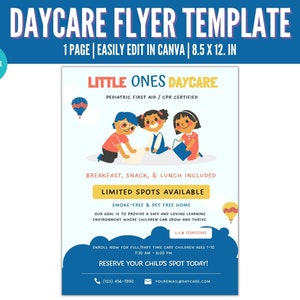 Può includere: Un modello di volantino colorato per un asilo nido chiamato "Little Ones Daycare". Il volantino presenta un'illustrazione di cartoni animati di due bambini che leggono un libro. Il testo sul volantino include il nome dell'asilo nido, le informazioni di contatto e i servizi offerti. Il volantino indica anche che l'asilo nido è senza fumo e animali domestici.