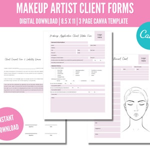 Puede incluir: Tres formularios imprimibles para maquilladores, titulados "Formulario de admisión del cliente para la aplicación de maquillaje", "Formulario de consentimiento del cliente y renuncia de responsabilidad" y "Tarjeta de registro". Los formularios están diseñados en un esquema de color rosa y blanco e incluyen espacio para la información del cliente, el historial médico y una firma.