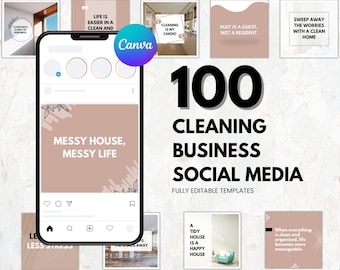 Può includere: Una collezione di 100 modelli di social media per le imprese di pulizia. I modelli presentano una varietà di design e colori, tra cui rosa, marrone e bianco. Il testo sui modelli include frasi come "Messy House, Messy Life" e "Cleaning is my Cardio".