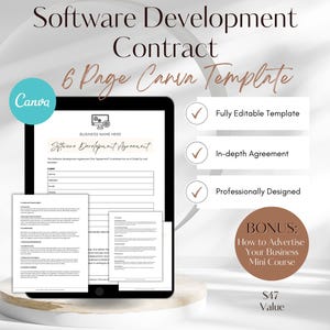 Puede incluir: Una plantilla de Canva para un contrato de desarrollo de software. La plantilla es totalmente editable, incluye un acuerdo en profundidad y está diseñada profesionalmente. La plantilla se muestra en la pantalla de una computadora portátil con un fondo blanco. El texto "Contrato de desarrollo de software" está en una fuente grande y en negrita en la parte superior de la imagen. El texto "Plantilla de Canva de 6 páginas" está en una fuente más pequeña debajo del título. El texto "NOMBRE DE LA EMPRESA AQUÍ" está en una fuente más pequeña debajo del título de la plantilla. El texto "Acuerdo de desarrollo de software" está en una fuente más pequeña debajo del nombre de la empresa. La plantilla incluye una sección para el nombre, la dirección y el número de teléfono del cliente. La plantilla también incluye una sección para el nombre, la dirección y el número de teléfono del desarrollador. La plantilla incluye una sección para el alcance del proyecto, los entregables y el cronograma. La plantilla también incluye una sección para los términos y condiciones de pago. La plantilla también incluye una sección para las garantías y las renuncias. La plantilla también incluye una sección para las firmas. La plantilla también incluye una sección para la fecha. La plantilla también incluye una sección para el bono: "Cómo anunciar su mini curso de negocios". El texto "Valor de 47 €" está en una fuente más pequeña debajo del bono.