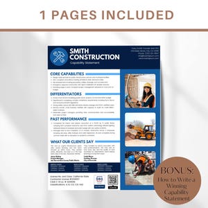 K&ouml;nnte beinhalten: Ein blaues und wei&szlig;es Kompetenzstatement f&uuml;r Smith Construction. Das Dokument enth&auml;lt eine Liste der Kernkompetenzen, Differenzierungsmerkmale, der vergangenen Leistungen und Kundenreferenzen. Das Dokument enth&auml;lt auch einen Bonusabschnitt dar&uuml;ber, wie man ein &uuml;berzeugendes Kompetenzstatement schreibt.