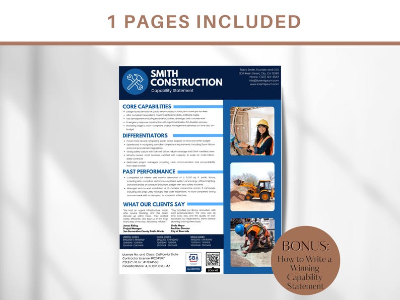 K&ouml;nnte beinhalten: Ein blaues und wei&szlig;es Kompetenzstatement f&uuml;r Smith Construction. Das Dokument enth&auml;lt eine Liste der Kernkompetenzen, Differenzierungsmerkmale, der vergangenen Leistungen und Kundenreferenzen. Das Dokument enth&auml;lt auch einen Bonusabschnitt dar&uuml;ber, wie man ein &uuml;berzeugendes Kompetenzstatement schreibt.