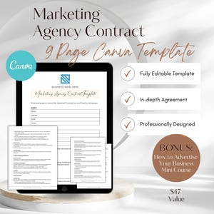 Puede incluir: Una maqueta digital de una plantilla Canva de 9 páginas para un contrato de agencia de marketing. La plantilla es totalmente editable, incluye un acuerdo en profundidad y está diseñada profesionalmente. El texto "BUSINESS NAME HERE" está en la parte superior de la plantilla. La plantilla se muestra en un dispositivo tableta. La imagen también incluye un minicurso de bonificación titulado "Cómo anunciar tu negocio".