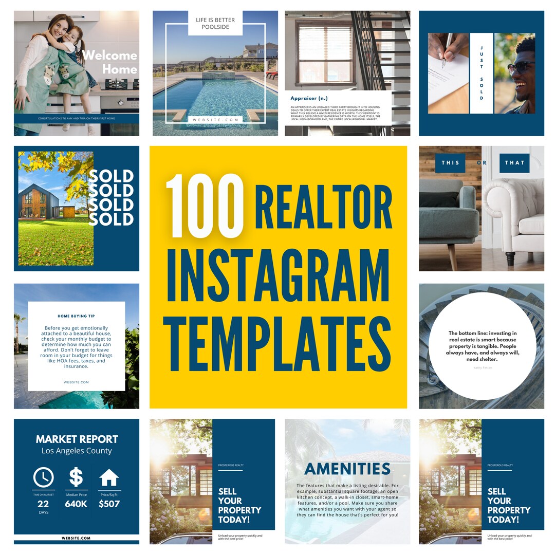 Realtor Blog Posts 100 Editable Realtor Instagram Posts, Realtor Marketing, Canva ...