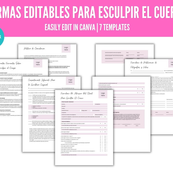 Editable Español (ESPAÑOL) Formas de Escultura Corporal, Formas de Contorno Corporal, Body Sculpting Consent Forms in Spanish