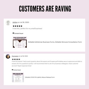 May include: Two customer reviews with five-star ratings for printable business forms. The first review is from Ashley on July 26, 2020, and says "I love this, perfect for my small business!" The second review is from Shameeka on July 19, 2020, and says "I love this waiver! I had a quick question about the waiver and Prosperous Printables was so responsive and able to answer all of my questions quickly. I will recommend them to all of my business colleagues. Great customer service!!! Rapid response times!" Both reviews include a link to "Contact buyer".