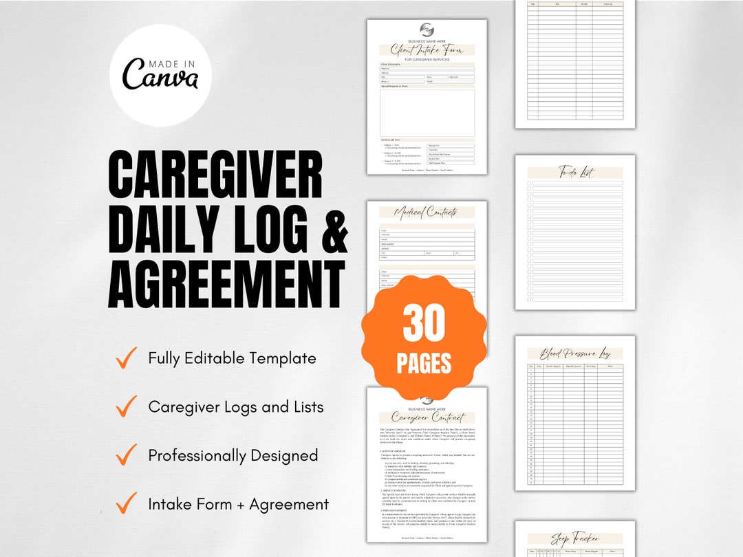 Caregiver Daily Log: Printable Planner, Checklist, Contract (canva ...