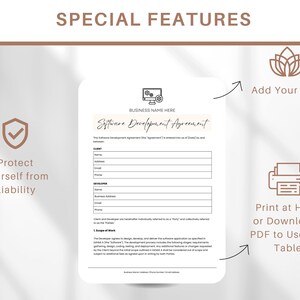Op de afbeelding: Een wit sjabloon voor een softwareontwikkelingsovereenkomst met een vinkje-icoon, een printericoon en een lotusbloemicoon. De tekst "Bescherm uzelf tegen aansprakelijkheid" staat aan de linkerkant van de afbeelding. De tekst "Voeg uw logo toe" staat aan de rechterkant van de afbeelding. De tekst "Thuis afdrukken of een PDF downloaden om op een tablet te gebruiken" staat in de rechterbenedenhoek van de afbeelding. De tekst "Softwareontwikkelingsovereenkomst" staat bovenaan de sjabloon.